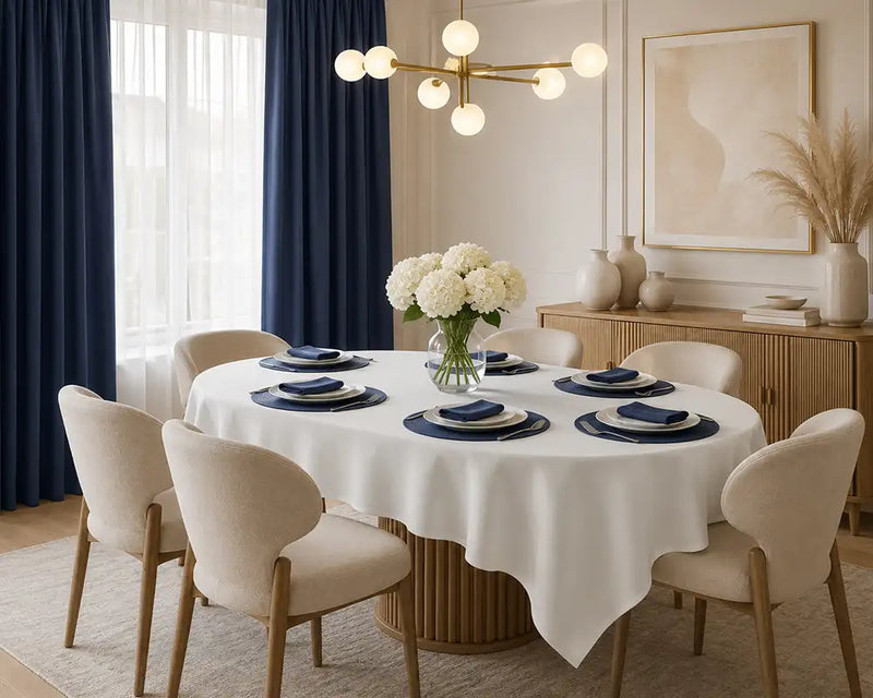 Dining room with a round table set for four, white tablecloth, blue napkins, and decorative items.
