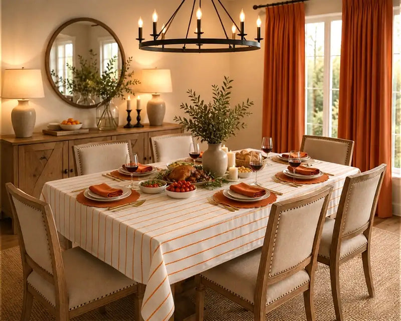 Dining room with a set table, chairs, and decorative elements.