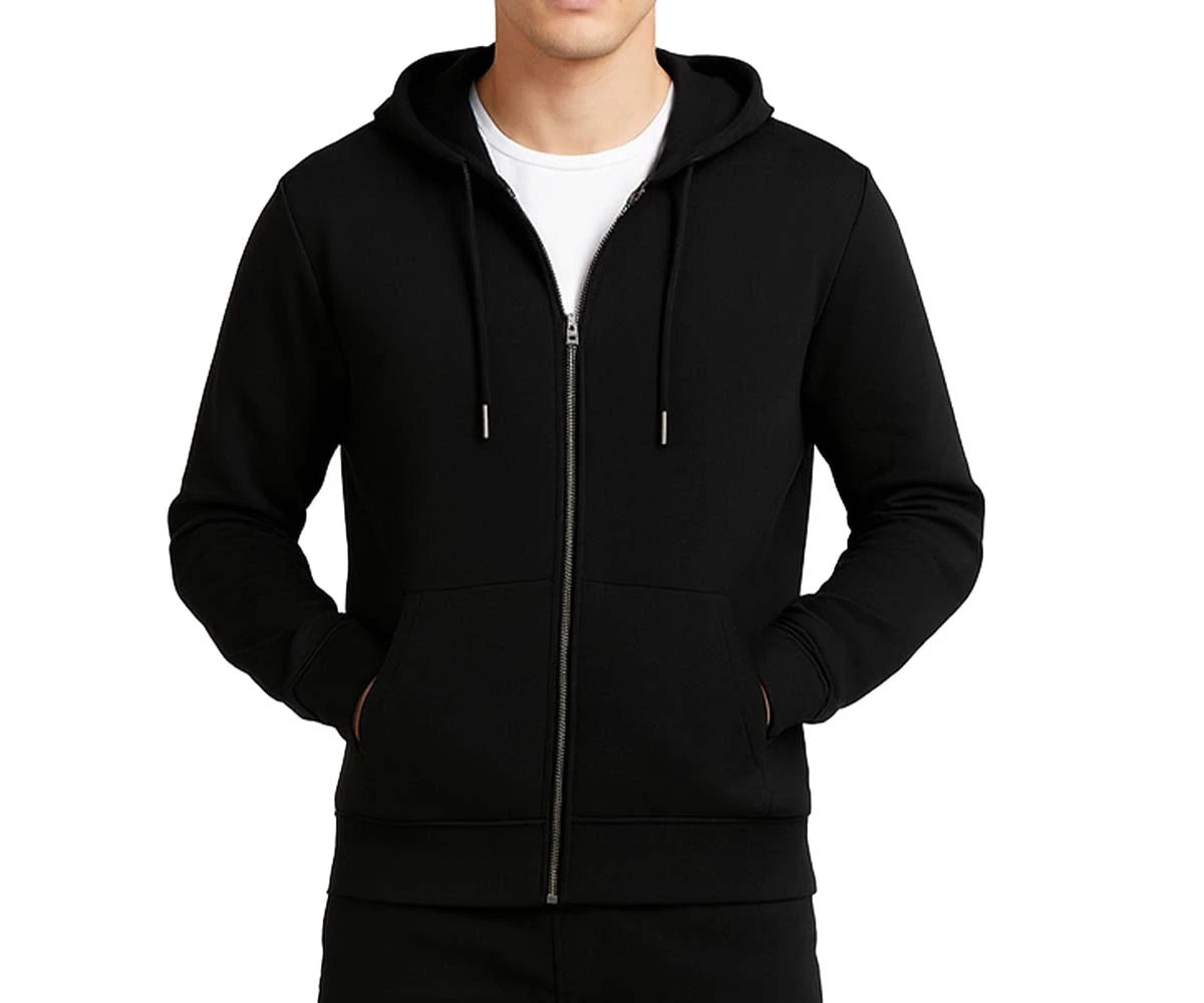 Comfortable men's black hoodie suitable for lounging, travel, and layering in cooler weather