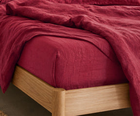 Cherry red sheet set in soft breathable linen bedding for queen bed, luxury queen linen sheet set with deep pocket fitted sheet for cozy modern bedroom decor