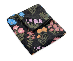 botanical linen sheet set with dark base and bright flowers, premium flax linen bedding, cooling breathable sheets for modern decor