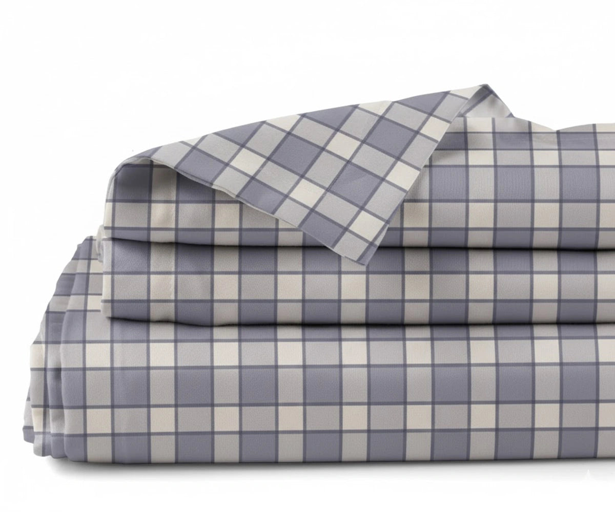 blue checkered linen sheet set modern grid pattern breathable linen bedding queen king