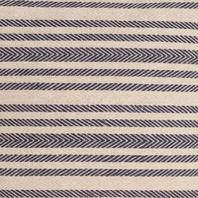 Close-up texture of a navy blue and beige jacquard striped fabric featuring a detailed herringbone and chevron weave pattern.