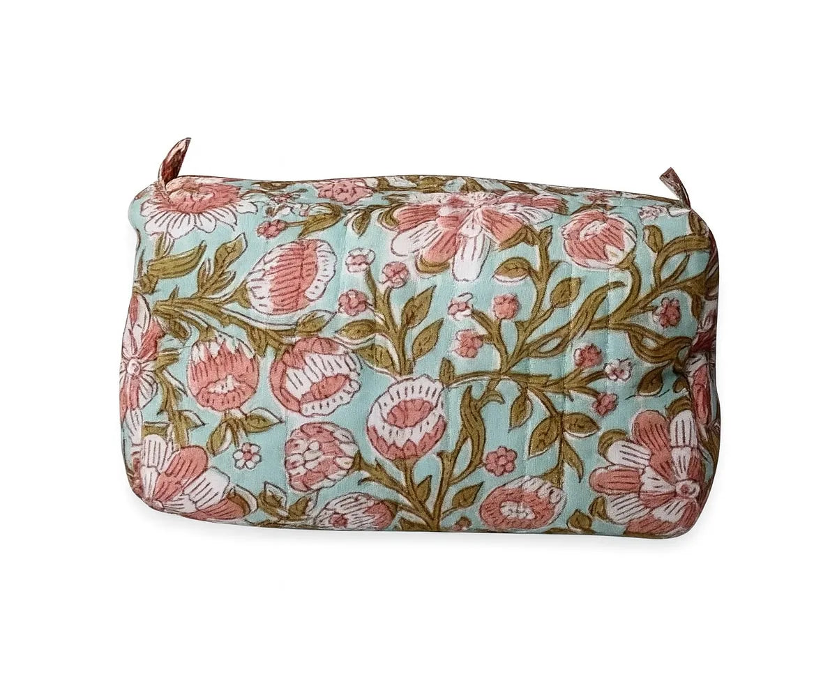Floral quilted cotton cosmetic travel bag with pink and green botanical design