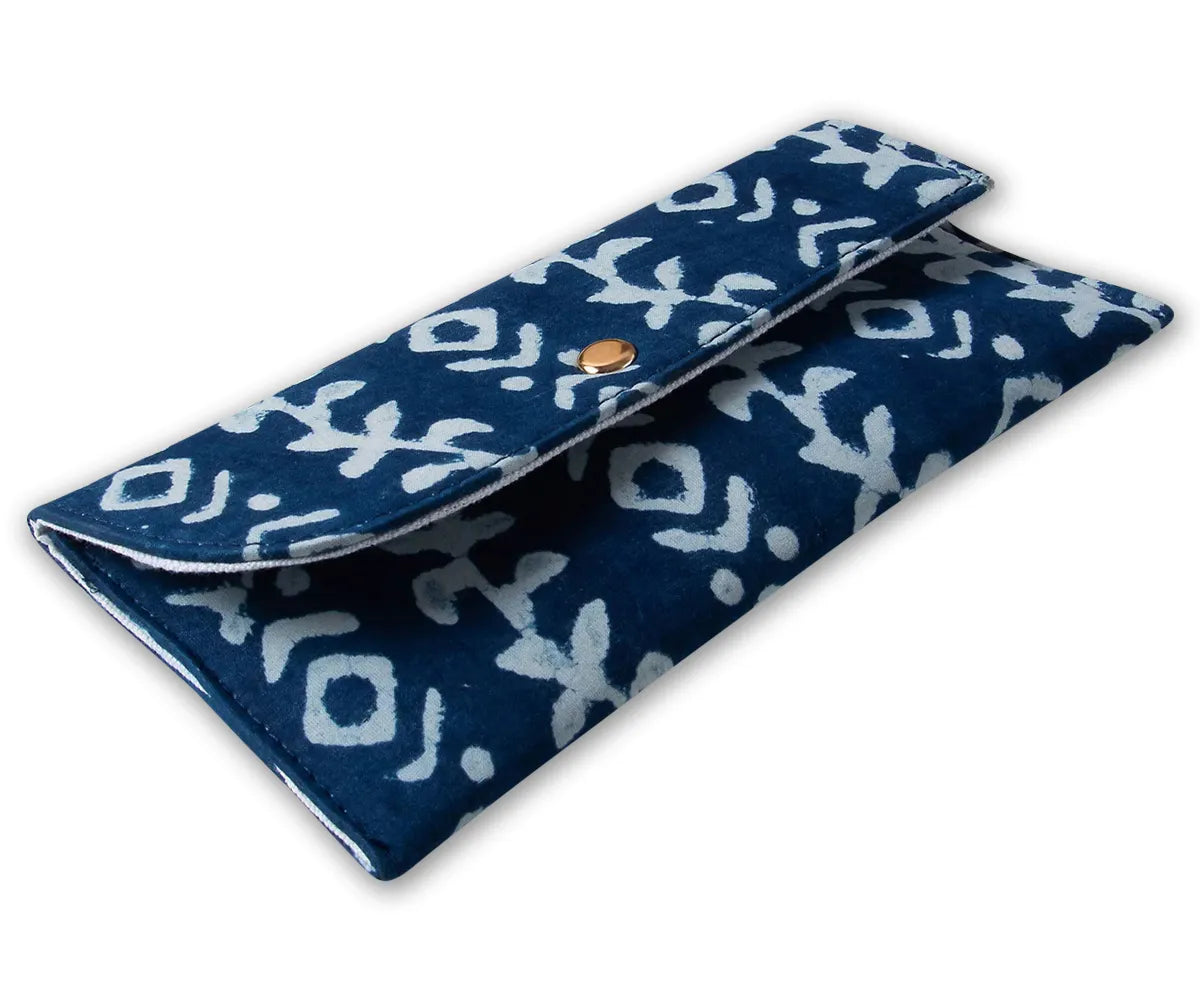 Indigo floral quilted cotton cosmetic bag with snap button closure