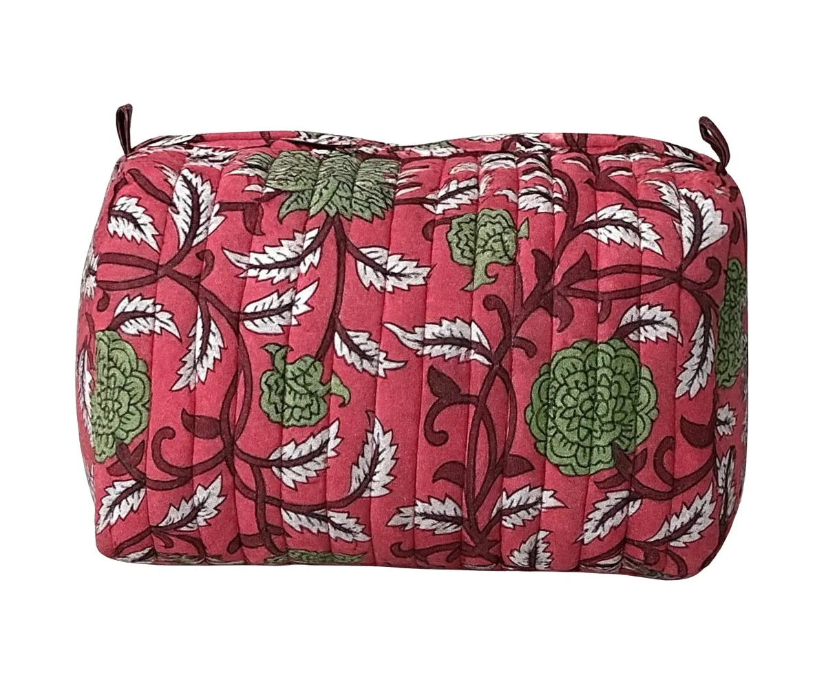 Pink quilted floral cotton cosmetic bag with green flower and white leaf print