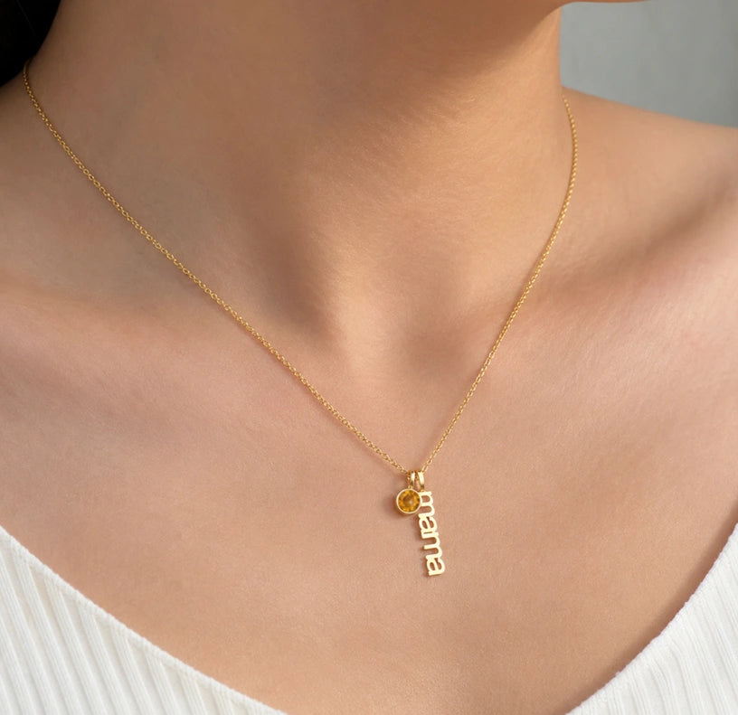Personalized mama necklace with November citrine birthstone in warm golden jewelry tones. A meaningful citrine birthstone necklace gift for moms and loved ones.