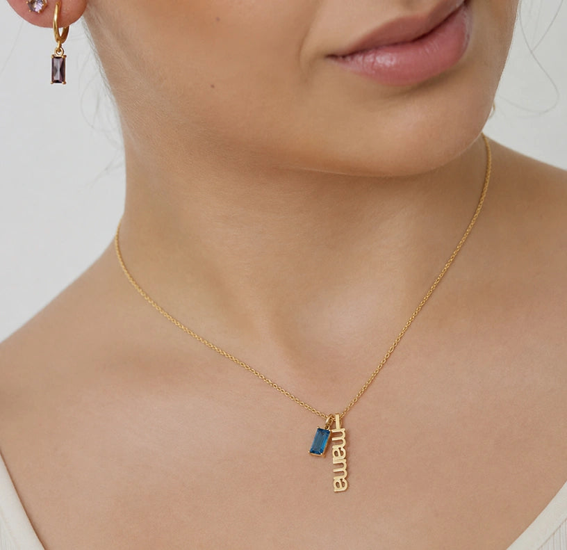 Gold mama pendant necklace with March aquamarine birthstone custom family keepsake jewelry