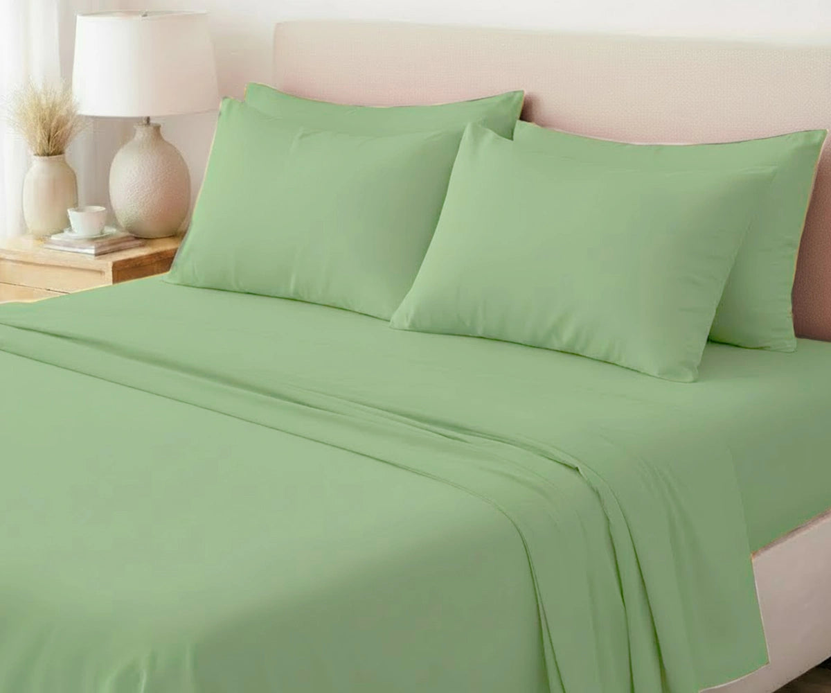 Matcha green European flax linen sheet set, trendy breathable luxury bedding for minimalist bedroom