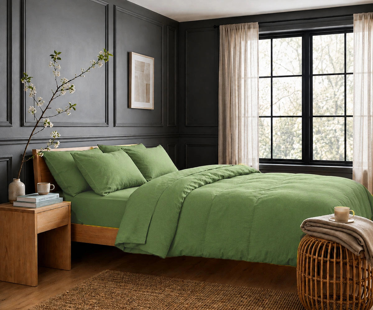 Matcha green linen duvet cover set for earthy modern bedroom interiors with breathable natural linen bedding