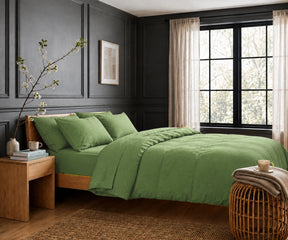 Matcha green linen duvet cover set for earthy modern bedroom interiors with breathable natural linen bedding