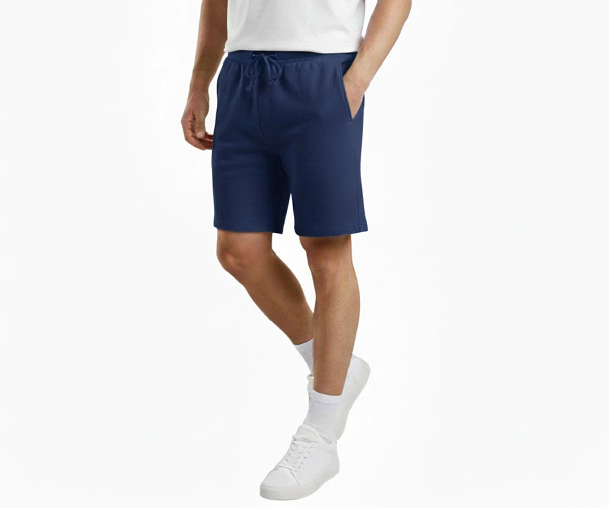 Men’s blue cotton casual shorts, sporty everyday wear with elastic waistband and drawstring