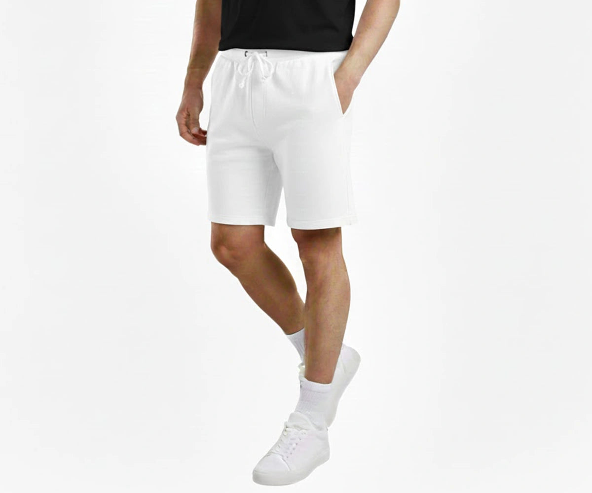 Men’s white cotton shorts with relaxed fit, soft breathable fabric for summer casual wear