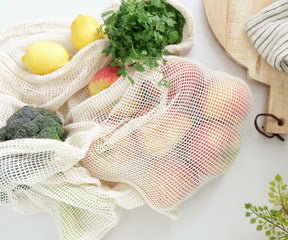 Fresh produce including oranges and lemons packed in a mesh bag
