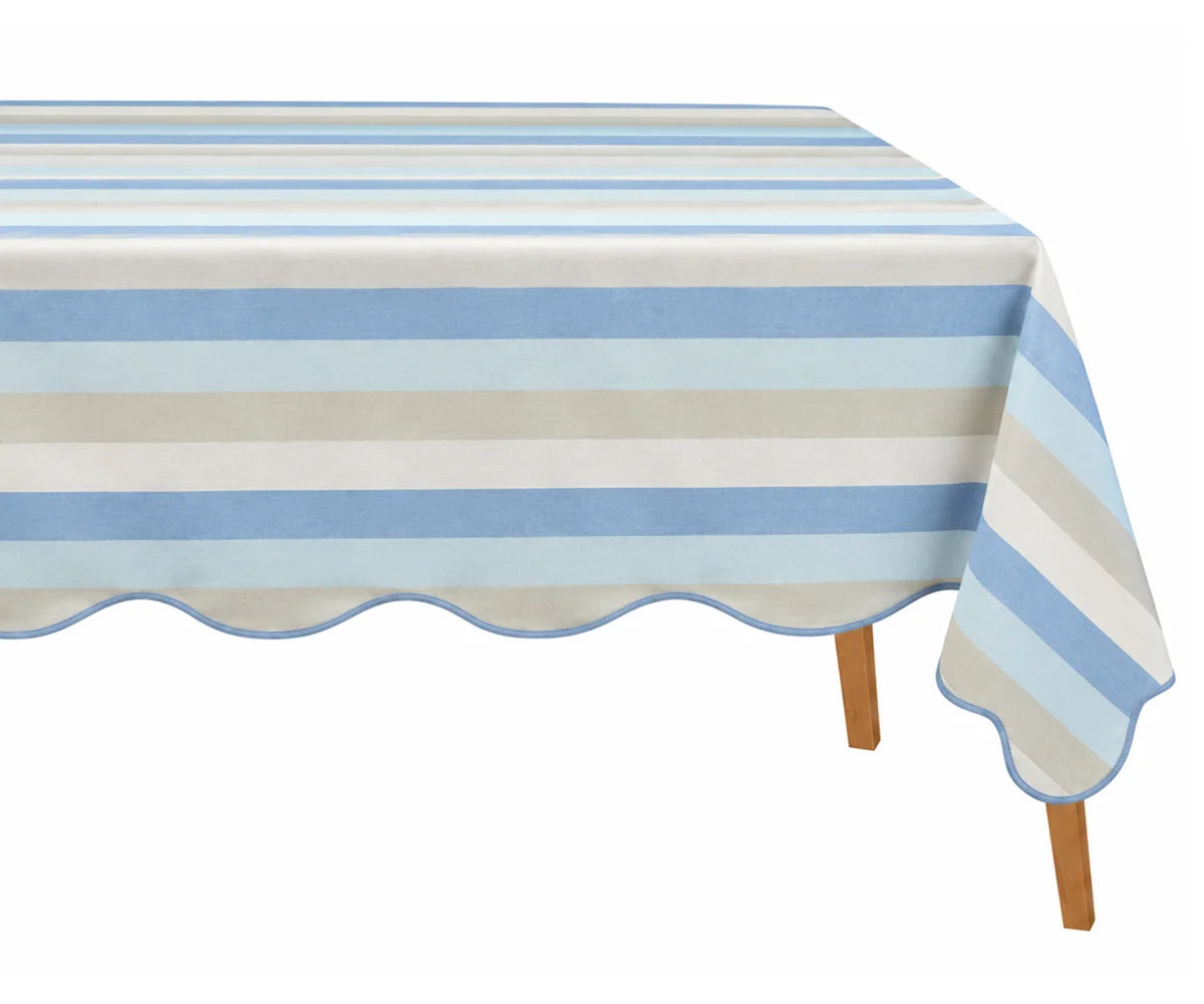 multi striped scalloped tablecloth for rectangular dining table, cotton tablecloth for farmhouse, coastal and everyday dining