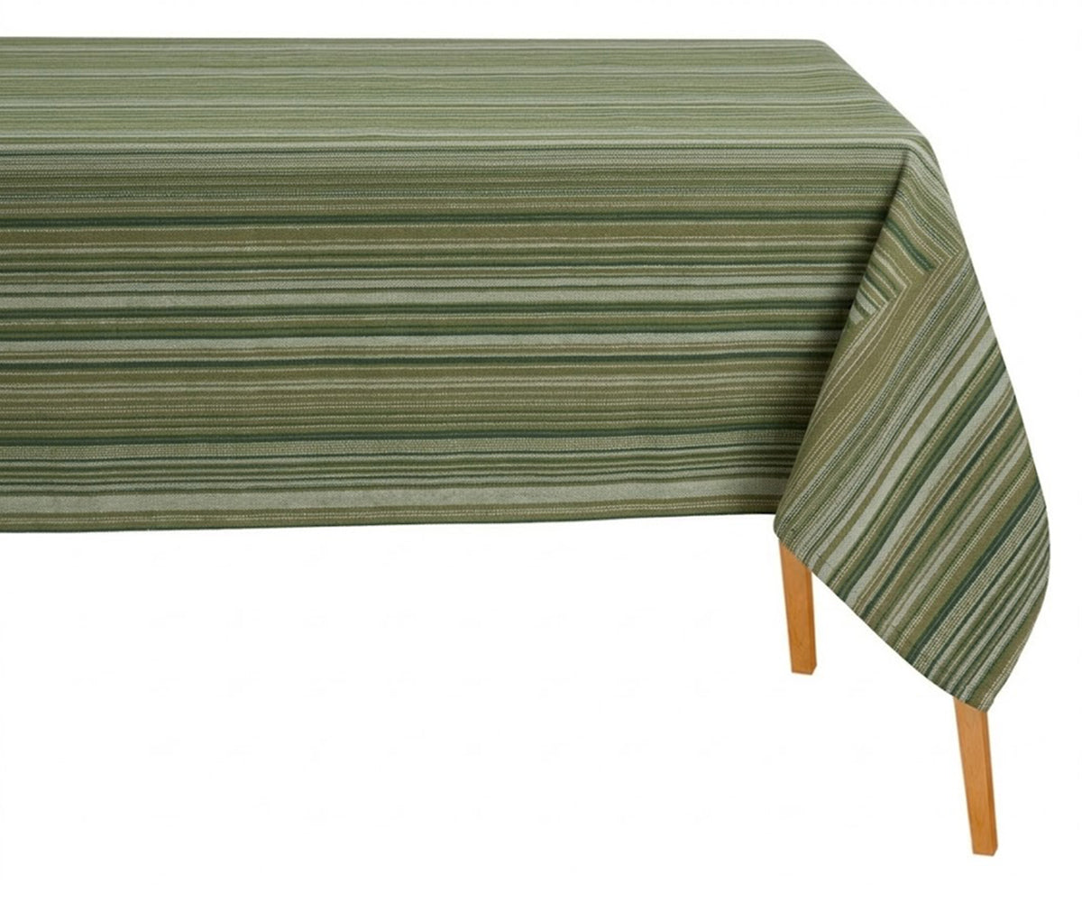 Green multi stripe cotton tablecloth on farmhouse dining table, reusable striped cotton table cover for indoor and outdoor meals