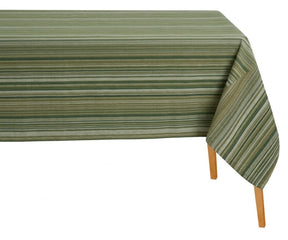 Green multi stripe cotton tablecloth on farmhouse dining table, reusable striped cotton table cover for indoor and outdoor meals