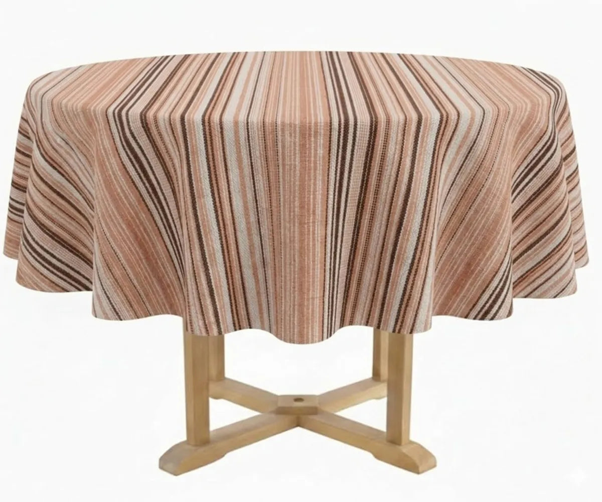 Round cotton tablecloth with colorful stripe pattern, available in red and white, peach with brown and black stripes, pink multi stripe, and green multi stripe, designed for casual dining and gatherings.