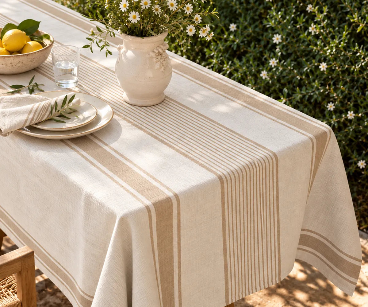 Rectangular dining linen featuring traditional stripe detailing, designed for farmhouse meals, family gatherings, and casual entertaining.