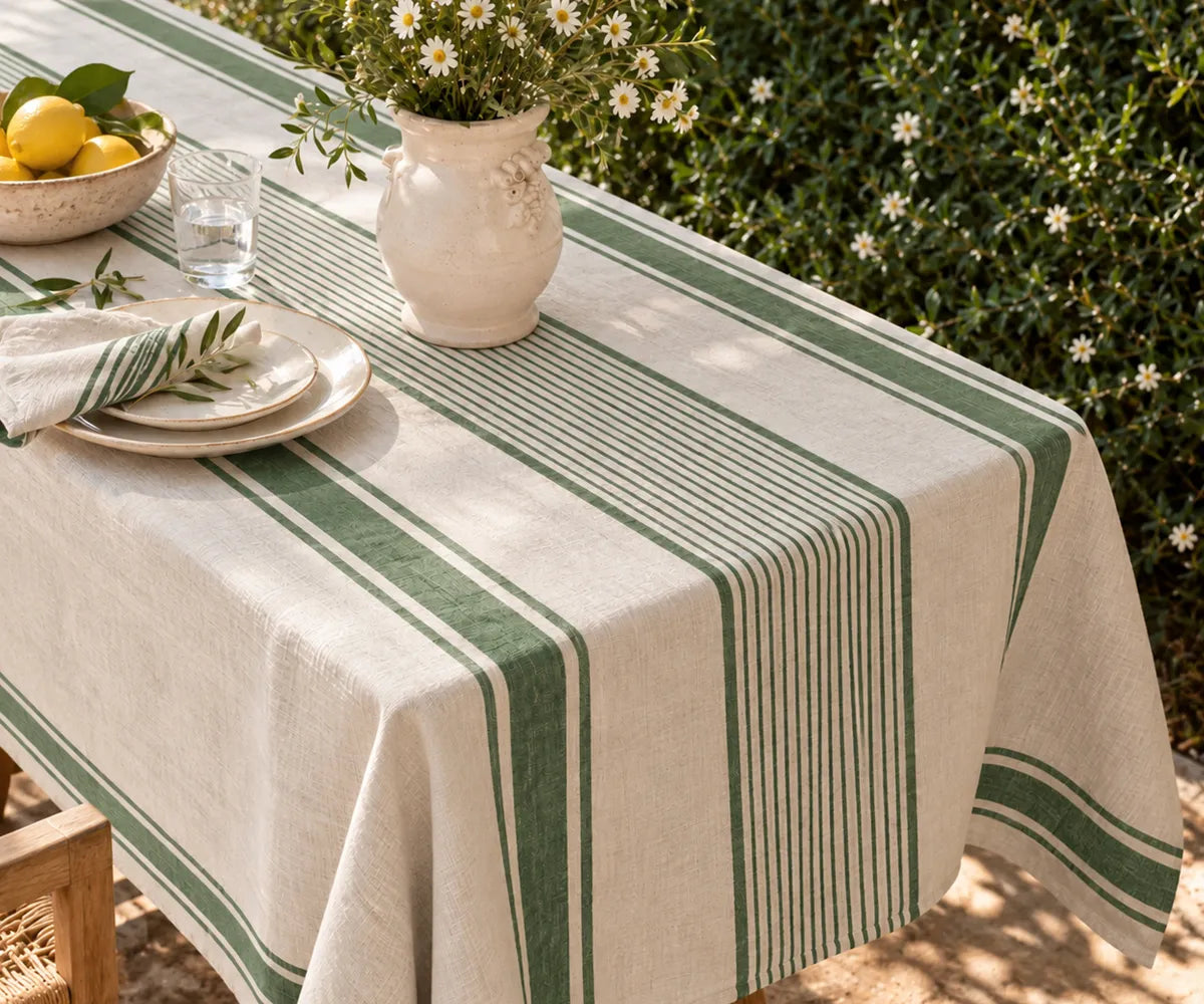 European-style dining cloth with timeless linear detailing, suitable for everyday table arrangements and special occasions.