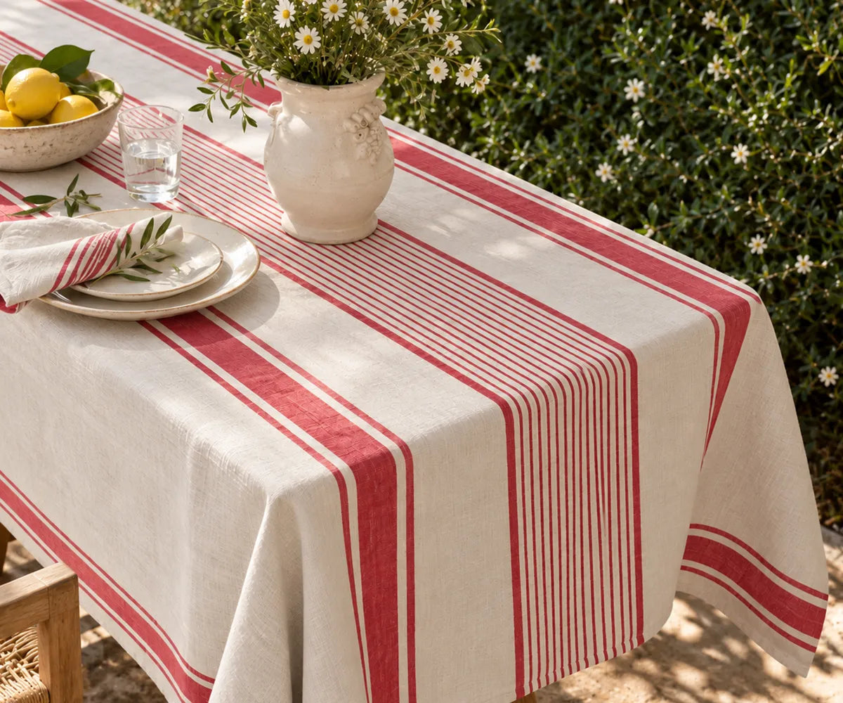 Long table covering with a refined woven stripe pattern, ideal for creating an inviting farmhouse or country-style tablescape.