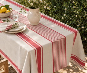 Long table covering with a refined woven stripe pattern, ideal for creating an inviting farmhouse or country-style tablescape.