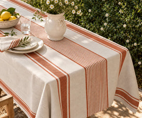 Timeless linen dining textile featuring understated striped detailing, suitable for entertaining, holiday meals, and everyday home styling.