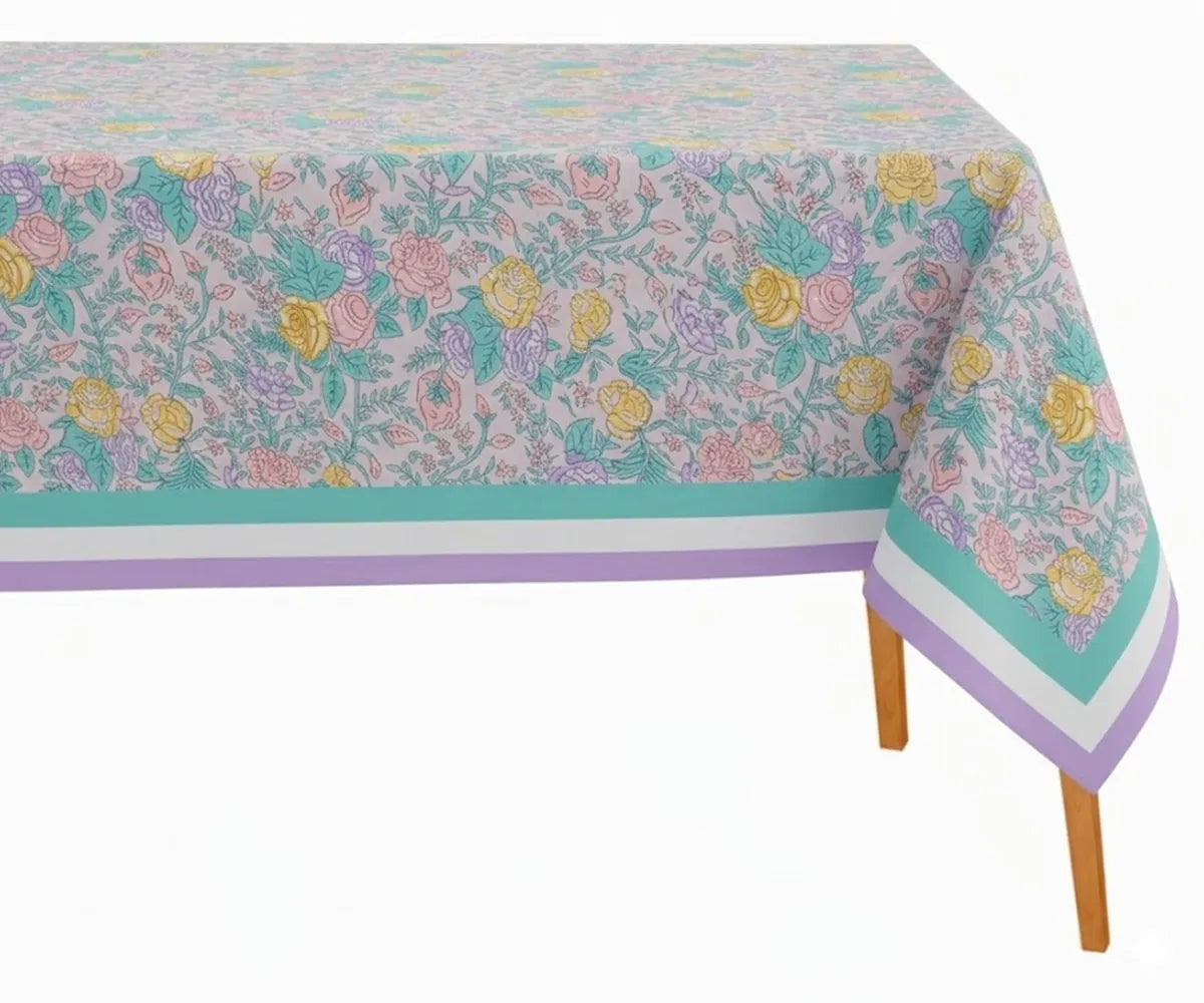 Floral print rectangular tablecloth cotton canvas hand block dining table cover reusable washable table linen