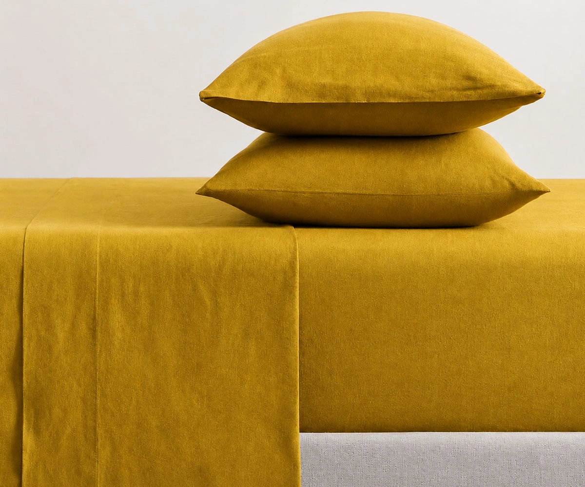 Golden mustard linen bedding set with cooling breathable sheets, soft luxury bed linens for boho, rustic and contemporary bedroom decor with all season comfort
