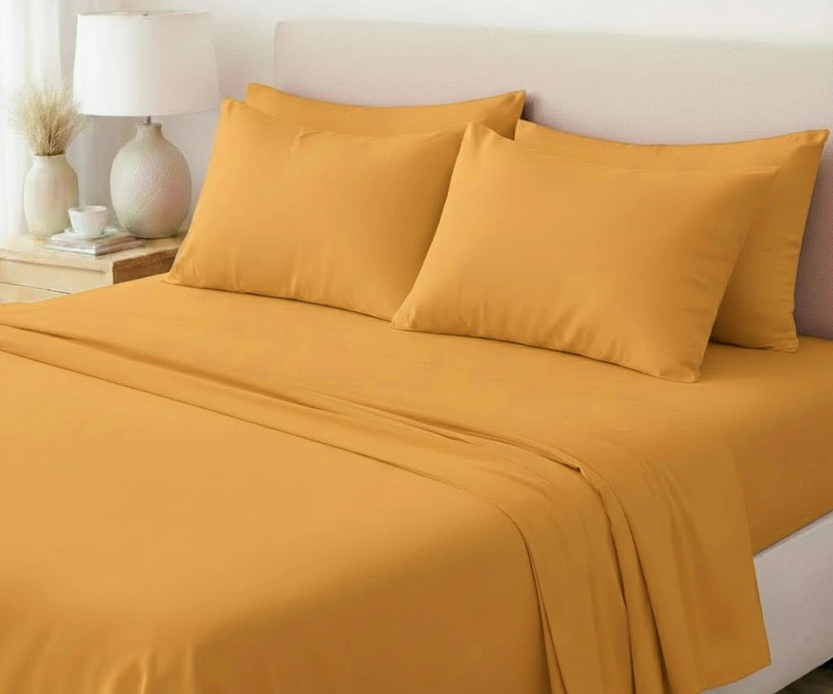 Mustard 100% flax linen bedding set with breathable deep pocket fitted sheet