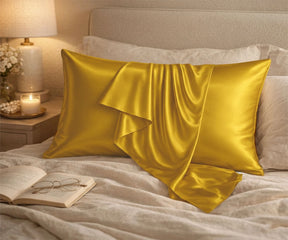 Mustard luxury silk pillowcase pair with soft shine, breathable Mulberry silk pillow cover for smoother skin