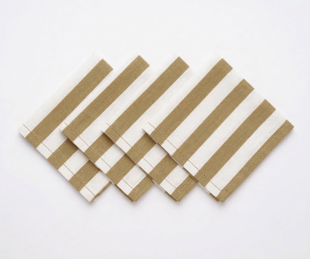 Soft absorbent reusable cotton linen napkins with cabana stripe pattern