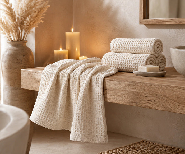 Natural  cotton waffle bath towels styled on a wooden bench with candles in a spa-like bathroom.