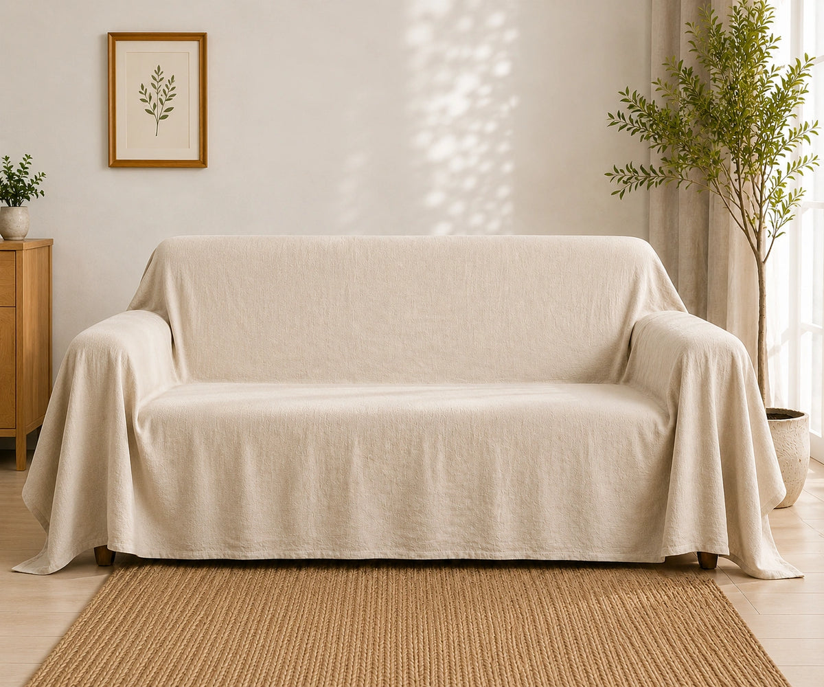 Natural cotton linen sofa cover, washable couch cover in solid neutral color for furniture protection