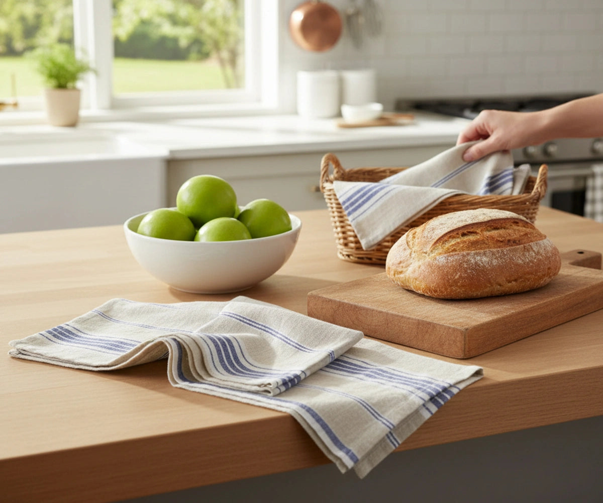 Striped linen kitchen towel offering a soft, absorbent, and stylish kitchen accessory.