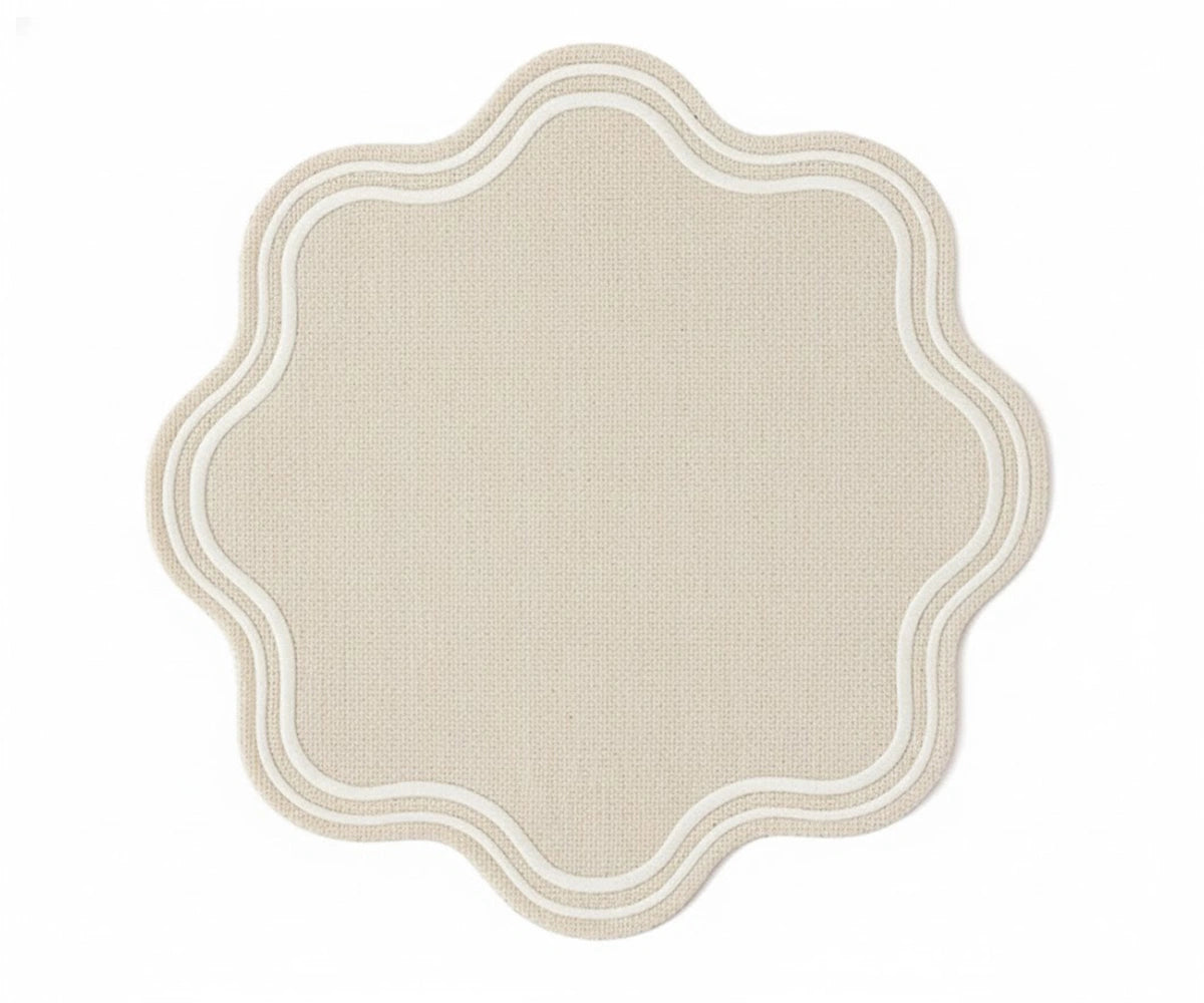 Natural cotton scalloped placemat – round neutral table mat for everyday dining and minimalist farmhouse décor