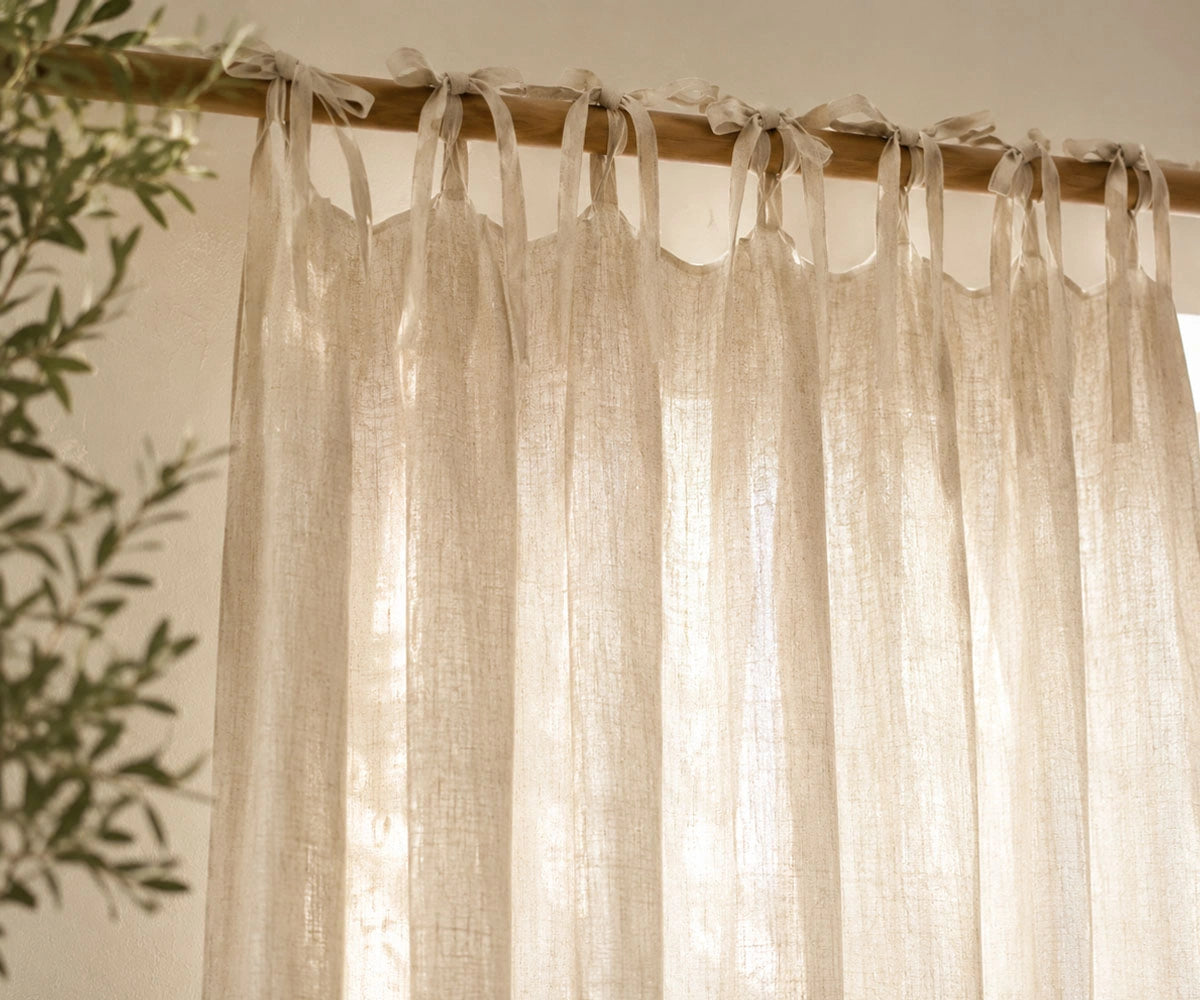 Natural Tie Top Linen Curtain Panels made from 100% European flax linen with an airy drape. Premium linen curtains for living room, bedroom, nursery, and dining room windows