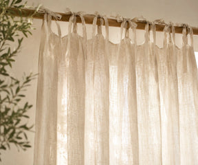Natural Tie Top Linen Curtain Panels made from 100% European flax linen with an airy drape. Premium linen curtains for living room, bedroom, nursery, and dining room windows