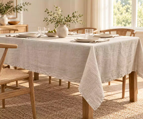 A light beige linen tablecloth draped over a wooden dining table set with white plates, clear drinking glasses, and a white ceramic vase with greenery, in a bright, sunlit dining room.