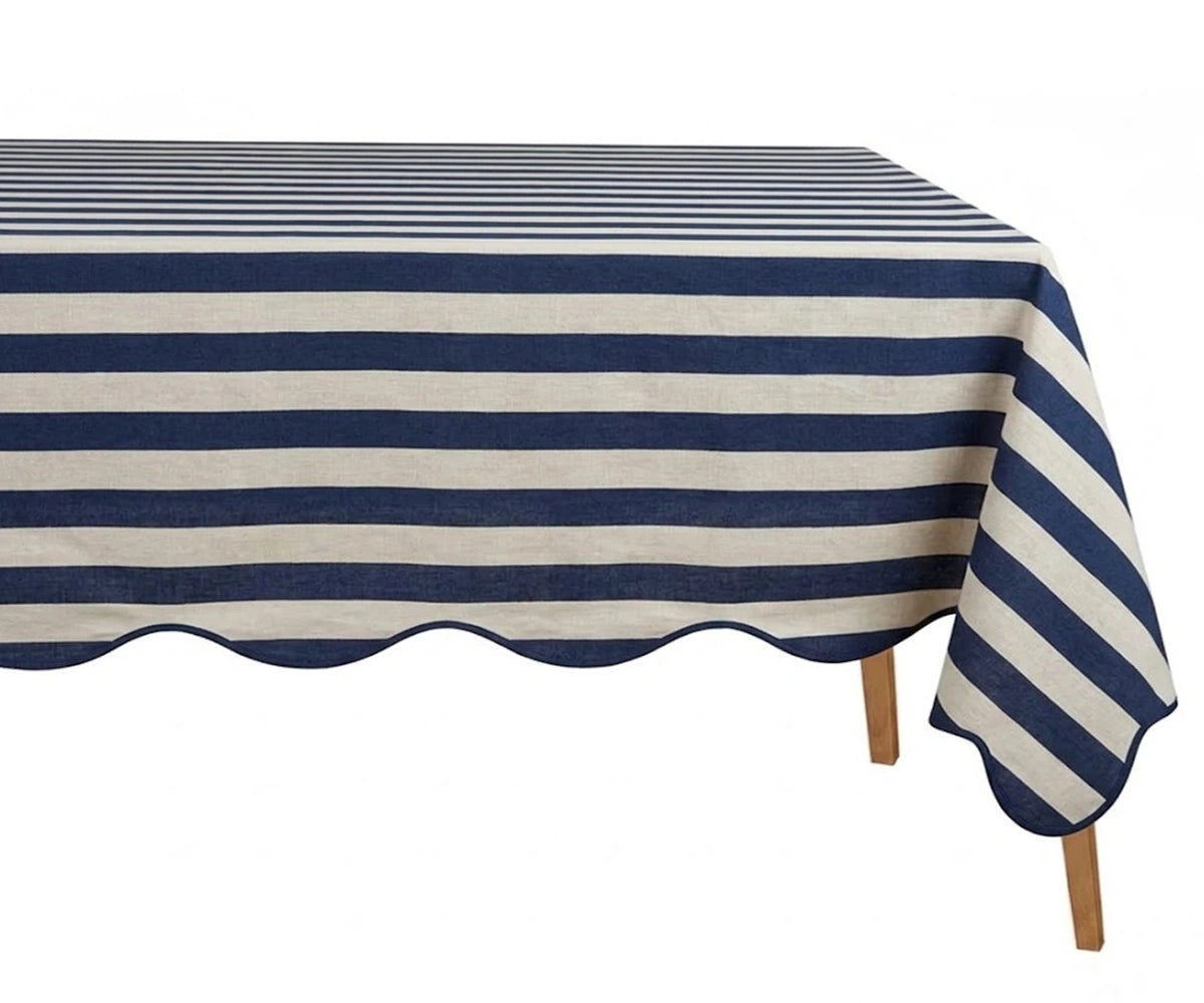 Navy Blue and white striped tablecloth on rectangular table