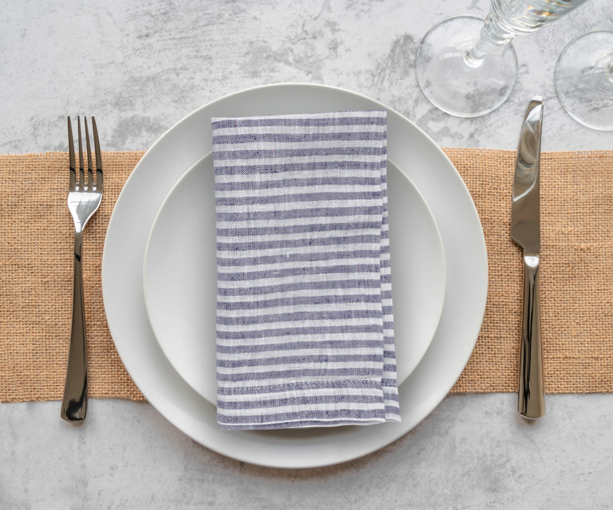 Set of navy blue striped linen napkins from All Cotton and Linen, elegant table linens for formal and casual table settings
