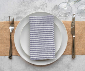 Set of navy blue striped linen napkins from All Cotton and Linen, elegant table linens for formal and casual table settings