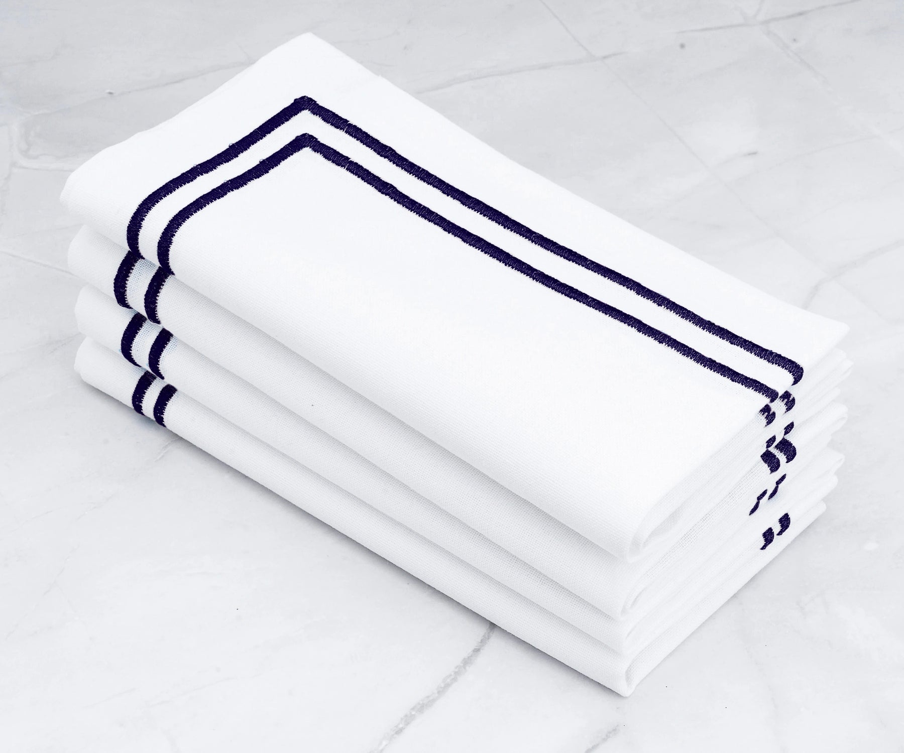 Navy blue double line embroidery cotton dinner napkins, reusable embroidered cloth napkins for elegant table settings and special occasions
