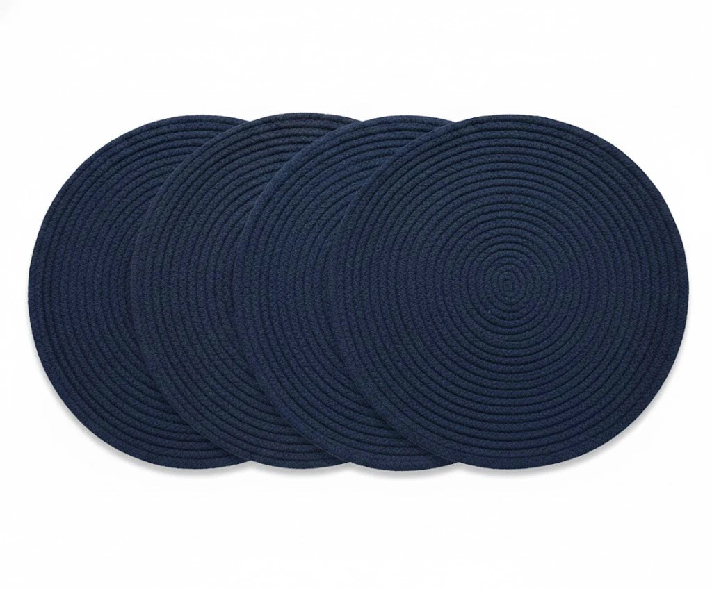Navy blue round woven placemats set for table decor