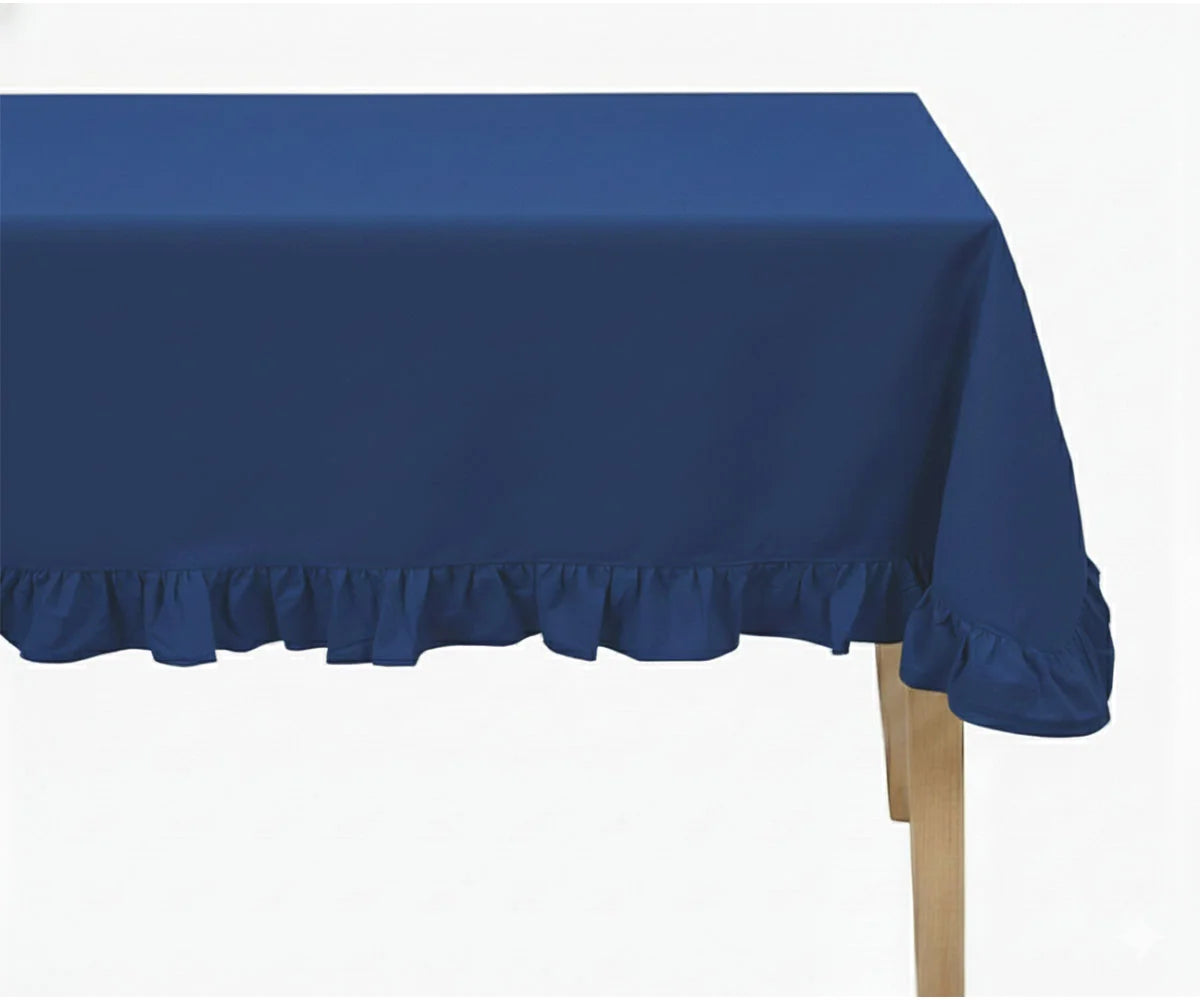 Navy blue round cotton tablecloth with ruffle trim
