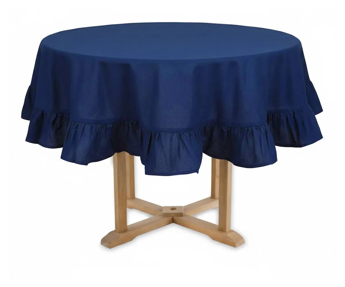 Navy blue ruffled round tablecloth in premium cotton for formal dining and wedding decor