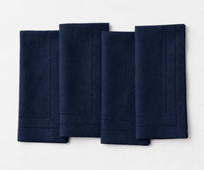 Navy blue linen napkins with double hemstitch, elegant cloth dinner napkins for weddings, restaurants, holiday dining, and special occasions.