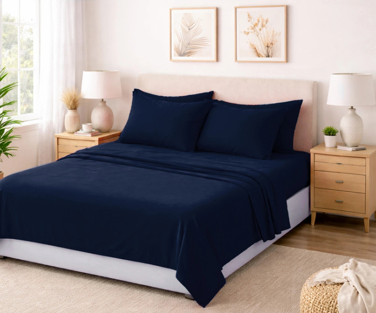 Navy blue European flax linen sheet set, luxury breathable bedding for hotel inspired bedroom decor