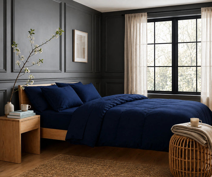 Navy blue linen duvet cover set for modern minimalist bedroom decor with soft breathable linen bedding