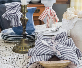 Navy blue striped linen napkin set by All Cotton and Linen, durable and stylish table linens for everyday use